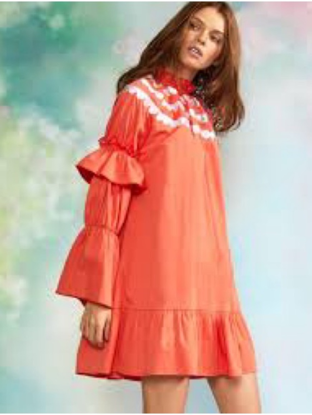 Cynthia Rowley Eden Dress Womens Medium Coral Excellent Scallop Embroidered Bell